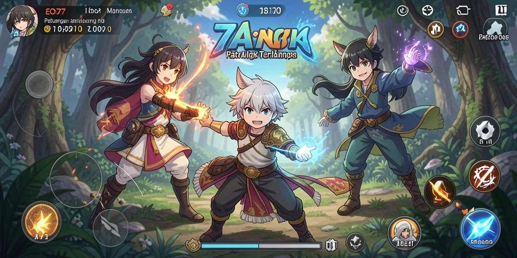 Tampilan gameplay EOS77 yang dinamis dan penuh warna.