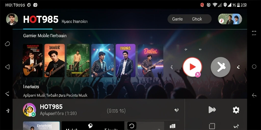 Tampilan utama HOT985 menampilkan berbagai genre musik yang menarik.