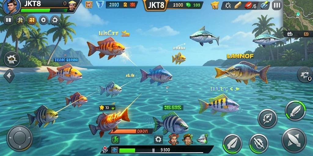 Screenshot utama JKT8 menampilkan aksi seru dalam Tembak Ikan.